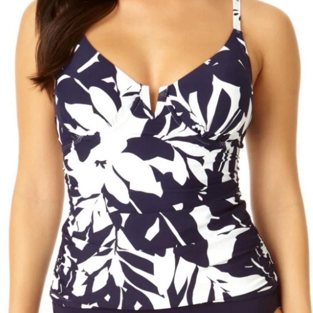 NWT Anne Cole Navy And White V-Wire Tankini Swim Top Adj. Straps Ruched Sides L